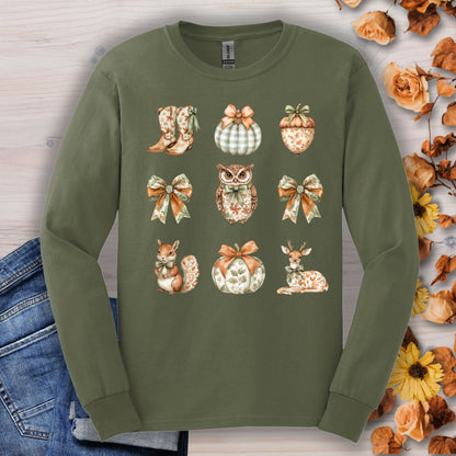 Military green long sleeve tee with cottagecore autumn owl, deer, squirrel, pumpkins, boots, and bows.