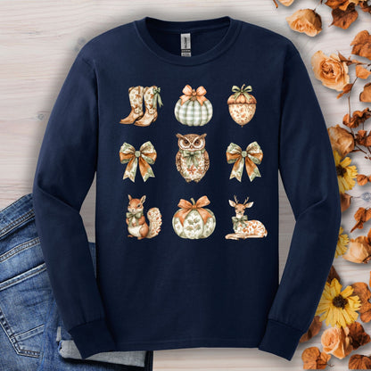 Navy long sleeve Gildan tee with boho fall owl, squirrel, deer, pumpkins, boots, and acorn design.