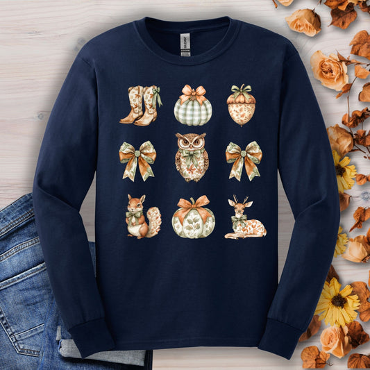 Navy long sleeve Gildan tee with boho fall owl, squirrel, deer, pumpkins, boots, and acorn design.