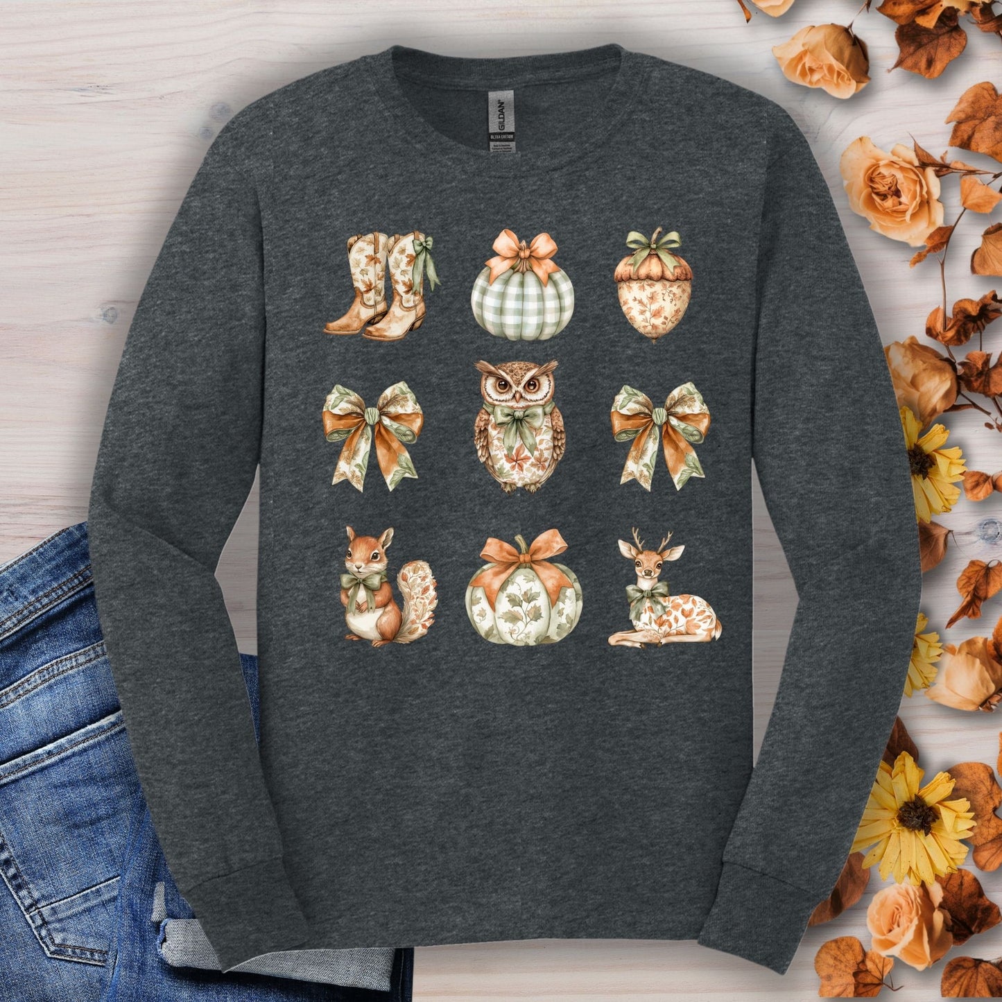 Dark Heather long sleeve tee with boho fall owl, squirrel, deer, pumpkins, boots, and acorn designs.