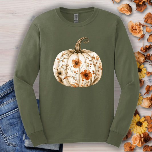 Military Green long sleeve tee with a white boho floral pumpkin design, surrounded by autumn leaves.