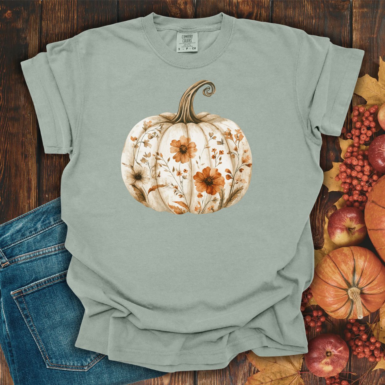 Bay garment-dyed t-shirt with a white pumpkin blooming with delicate wildflowers.