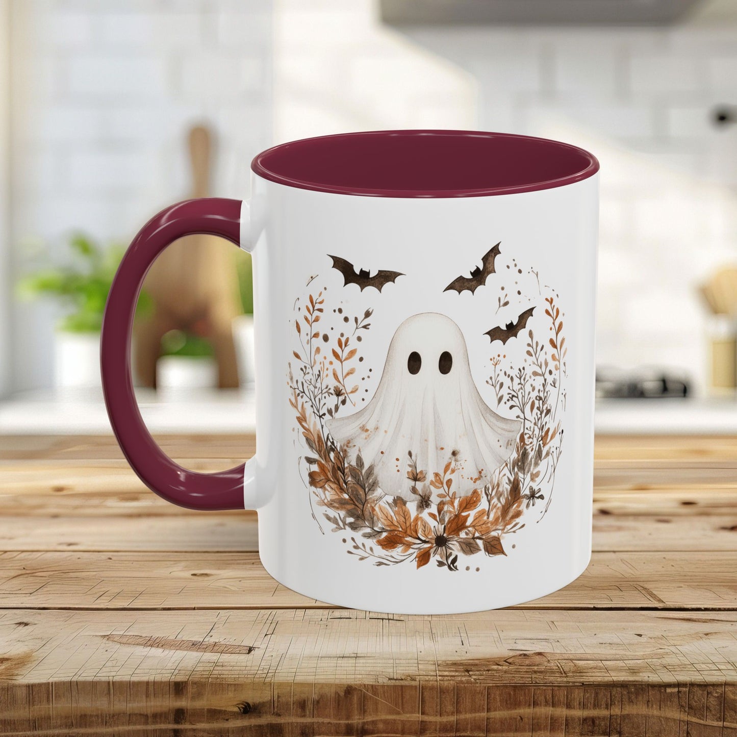 Boho Ghost & Bats with Autumn Florals Mug (11/15oz)