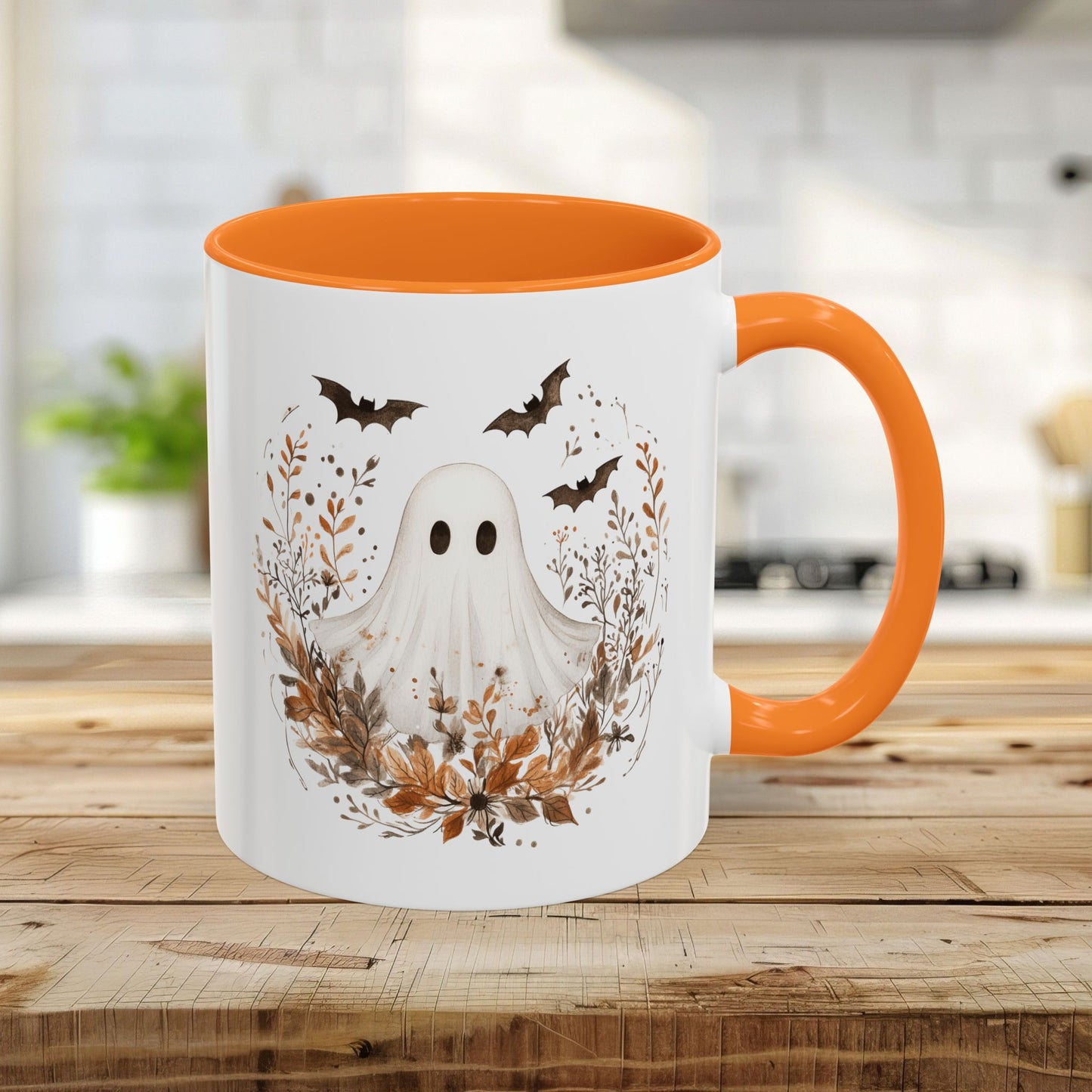 Boho Ghost & Bats with Autumn Florals Mug (11/15oz)