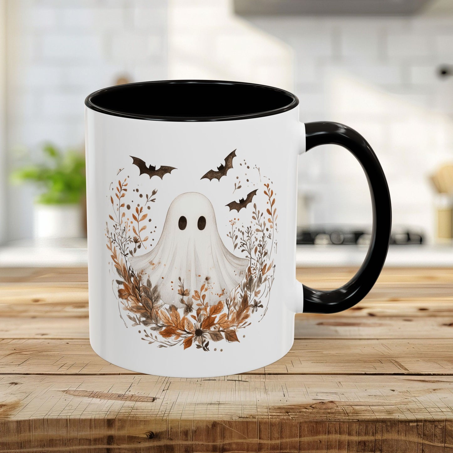 Boho Ghost & Bats with Autumn Florals Mug (11/15oz)