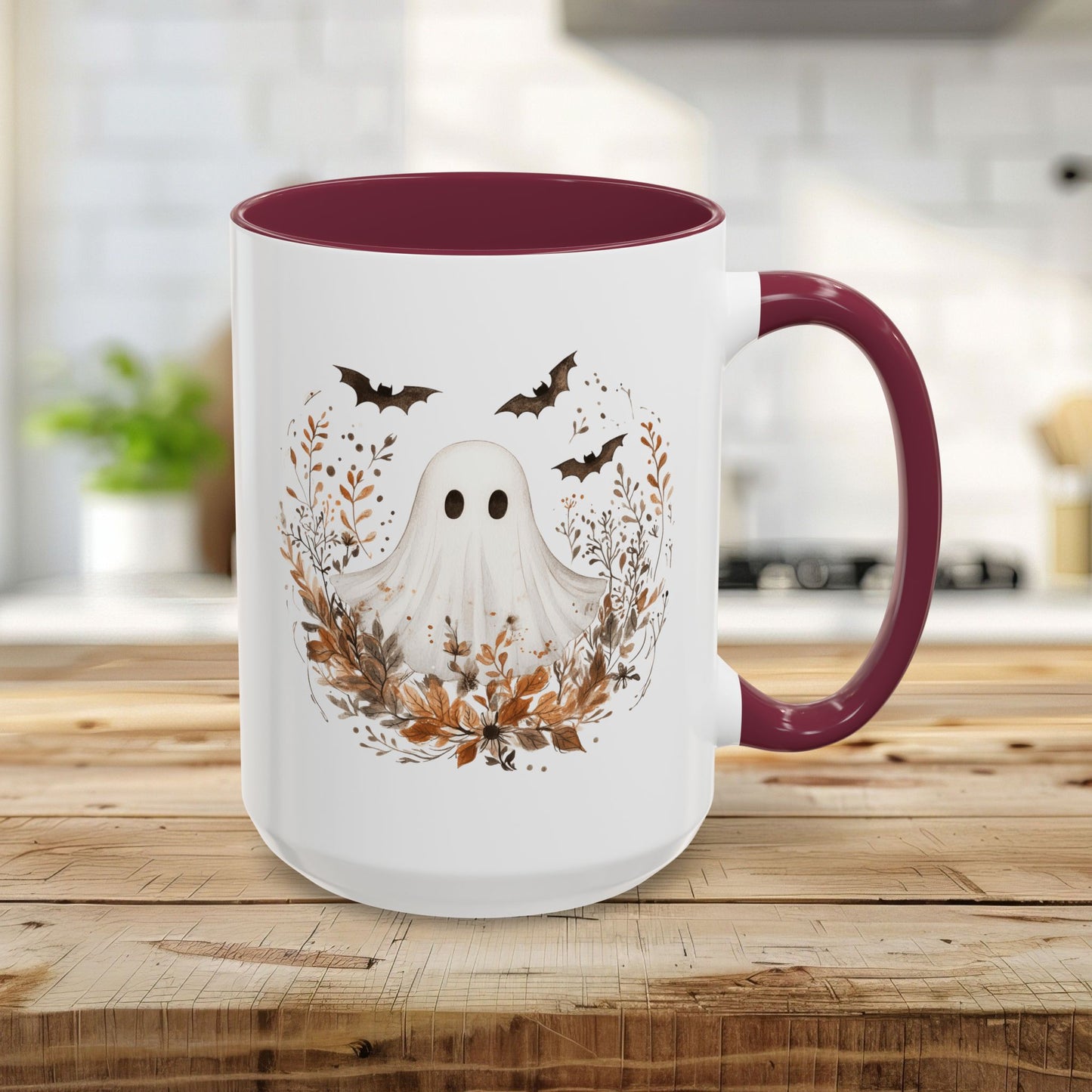 Boho Ghost & Bats with Autumn Florals Mug (11/15oz)