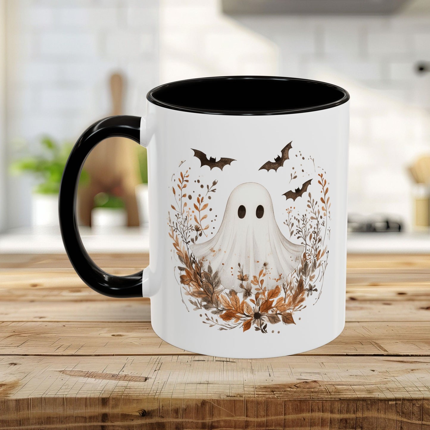 Boho Ghost & Bats with Autumn Florals Mug (11/15oz)
