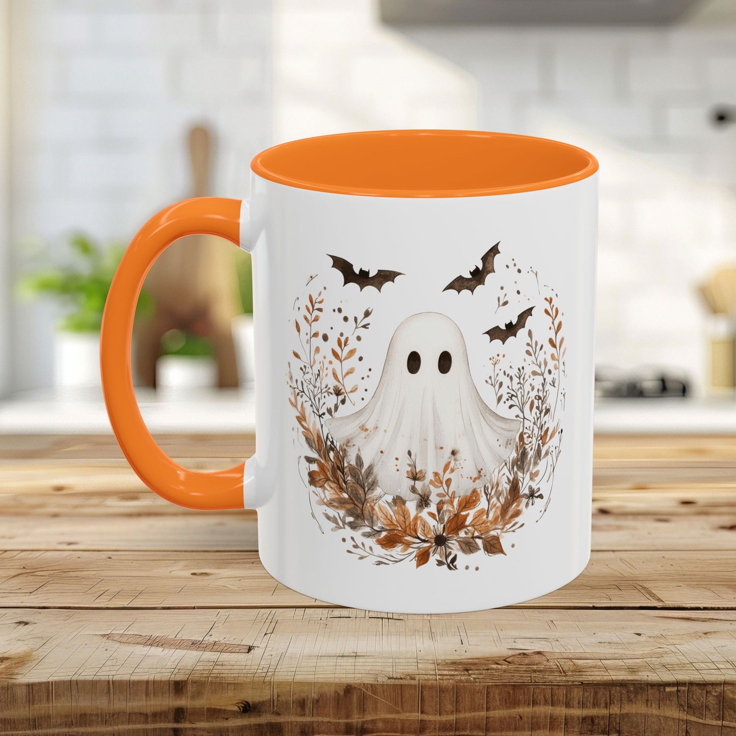Boho Ghost & Bats with Autumn Florals Mug (11/15oz)