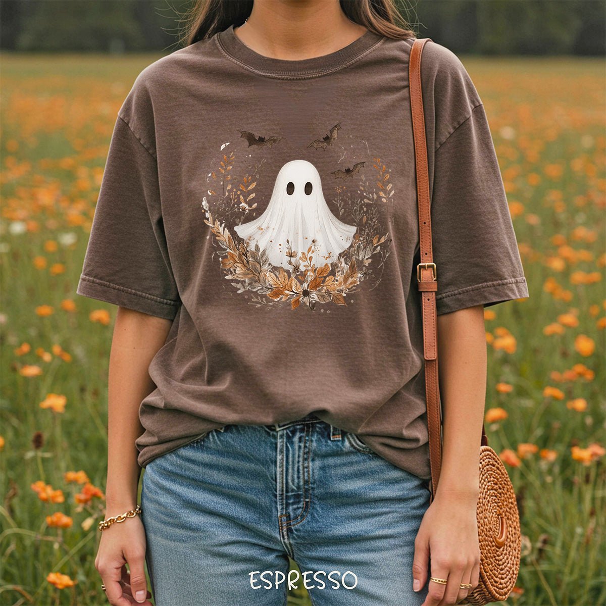 Boho Ghost & Bats with Autumn Florals T-Shirt
