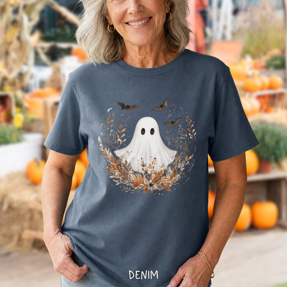 Boho Ghost & Bats with Autumn Florals T-Shirt