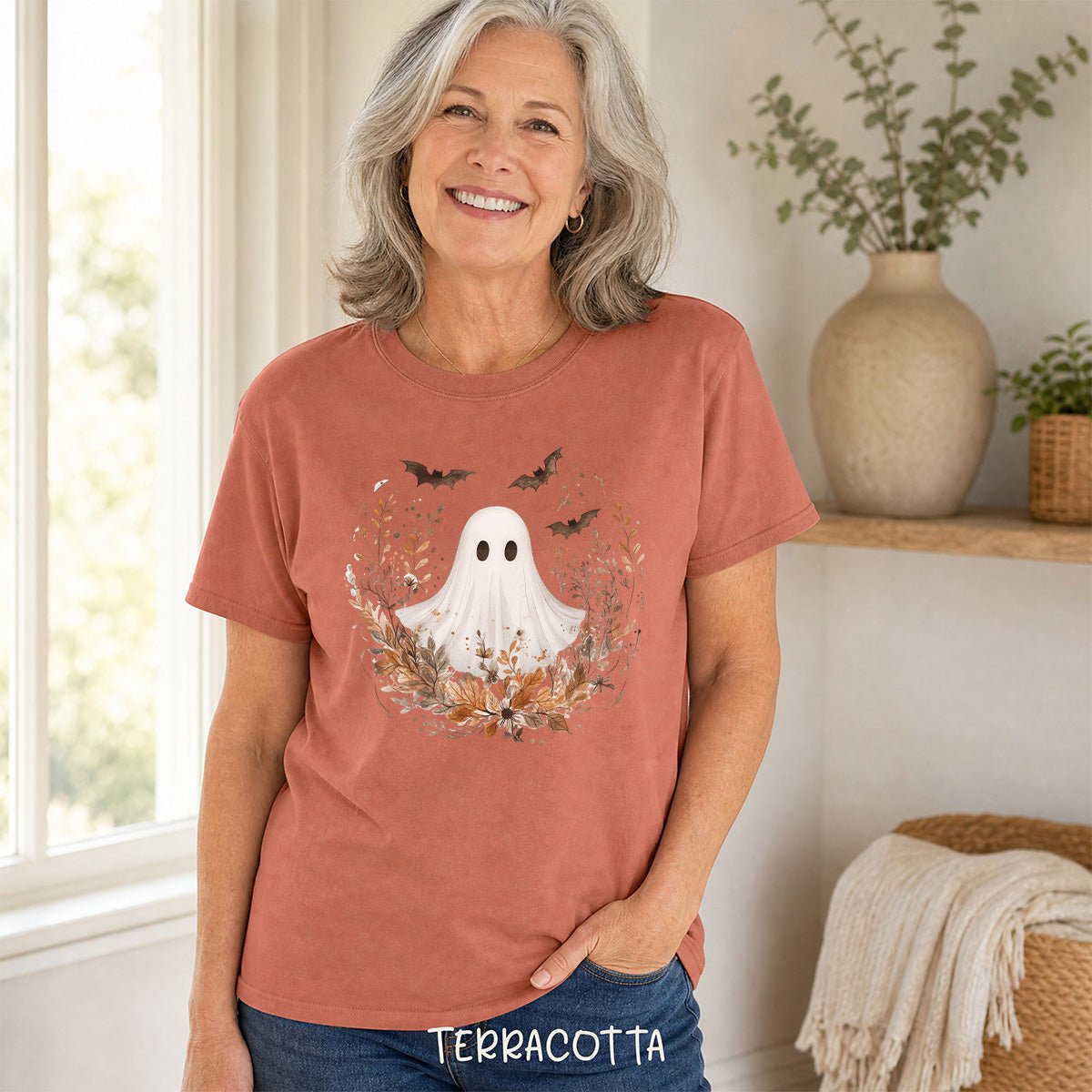 Boho Ghost & Bats with Autumn Florals T-Shirt