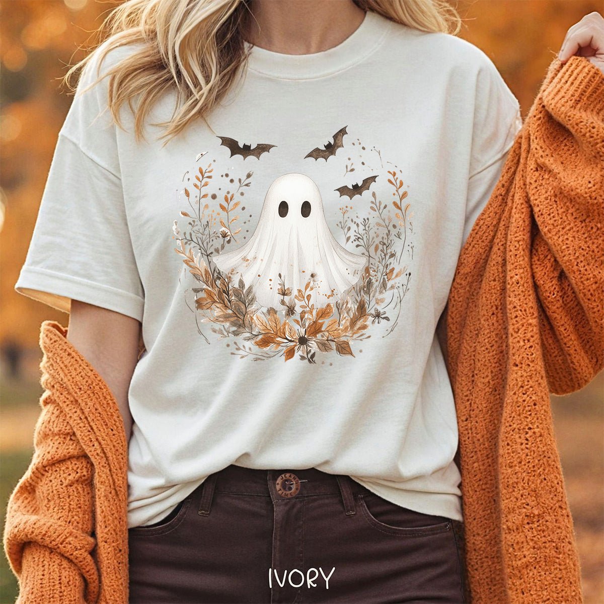 Boho Ghost & Bats with Autumn Florals T-Shirt