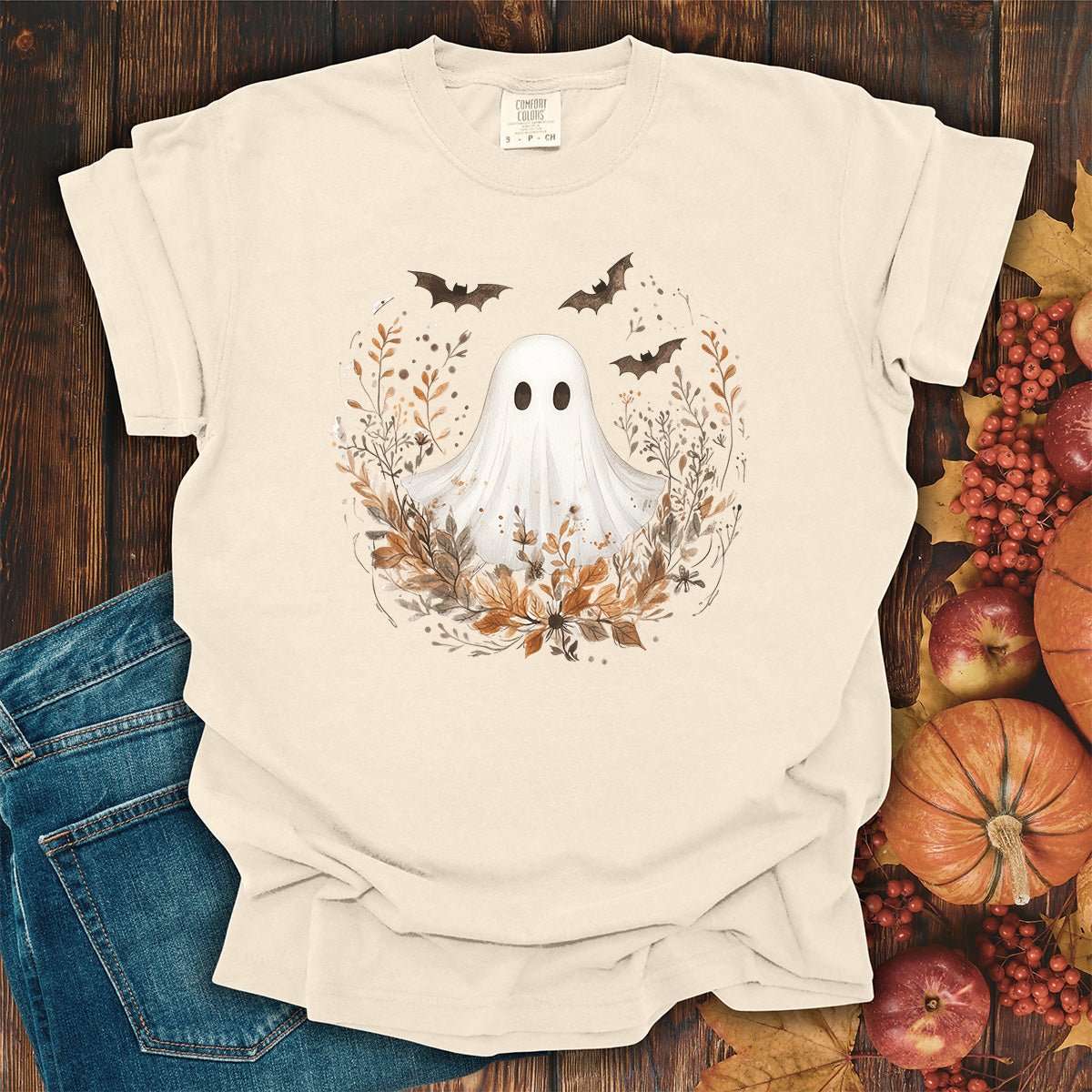 Boho Ghost & Bats with Autumn Florals T-Shirt