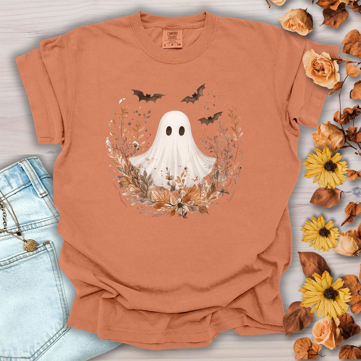 Boho Ghost & Bats with Autumn Florals T-Shirt