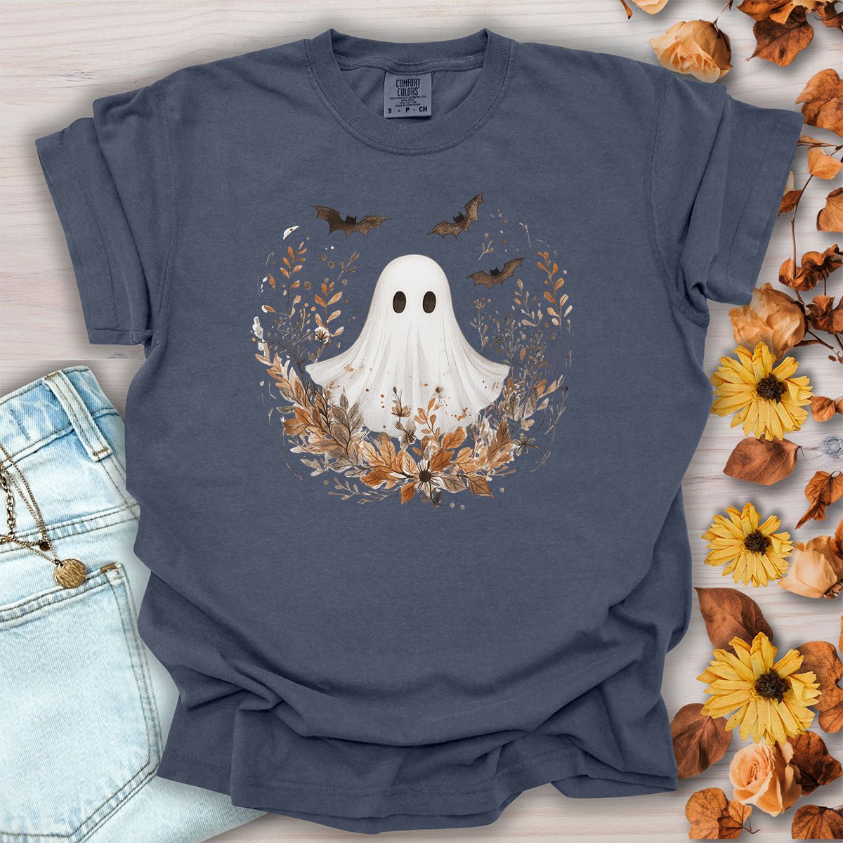 Boho Ghost & Bats with Autumn Florals T-Shirt