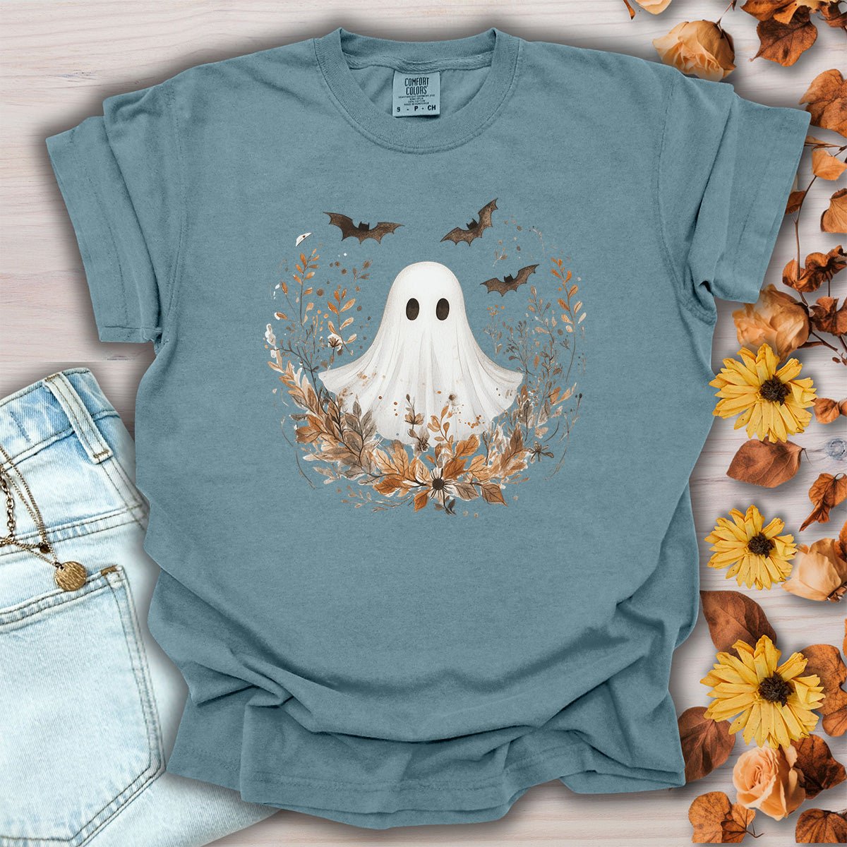 Boho Ghost & Bats with Autumn Florals T-Shirt