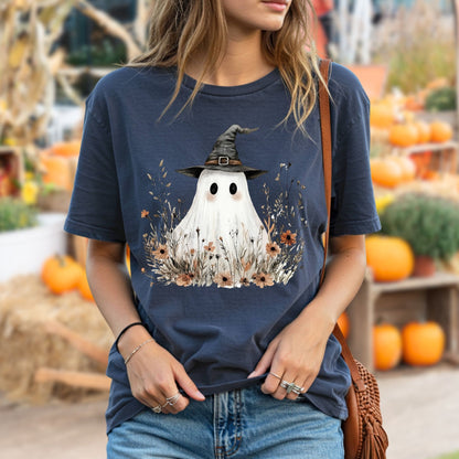 Boho Ghost Witch T-Shirt with Wildflowers