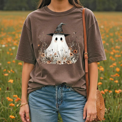 Boho Ghost Witch T-Shirt with Wildflowers