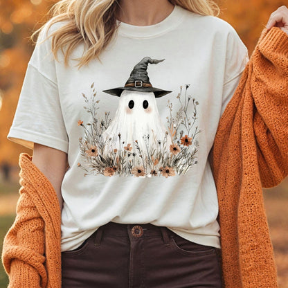 Boho Ghost Witch T-Shirt with Wildflowers