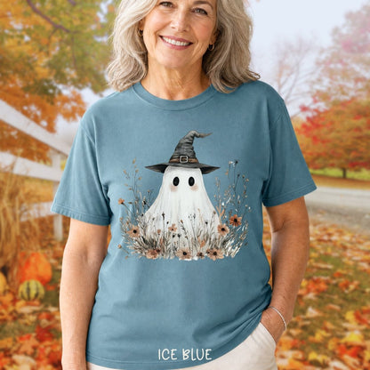 Boho Ghost Witch T-Shirt with Wildflowers