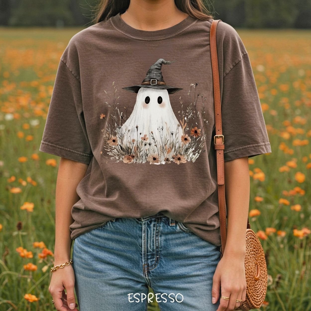 Boho Ghost Witch T-Shirt with Wildflowers