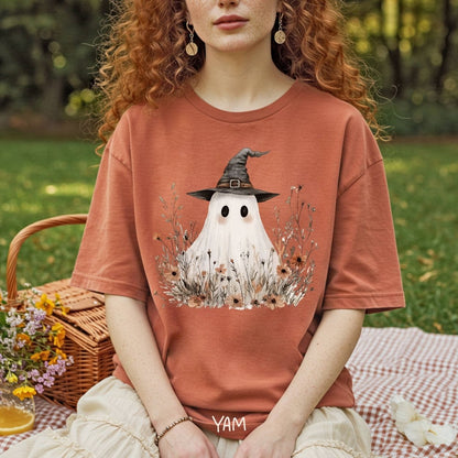 Boho Ghost Witch T-Shirt with Wildflowers