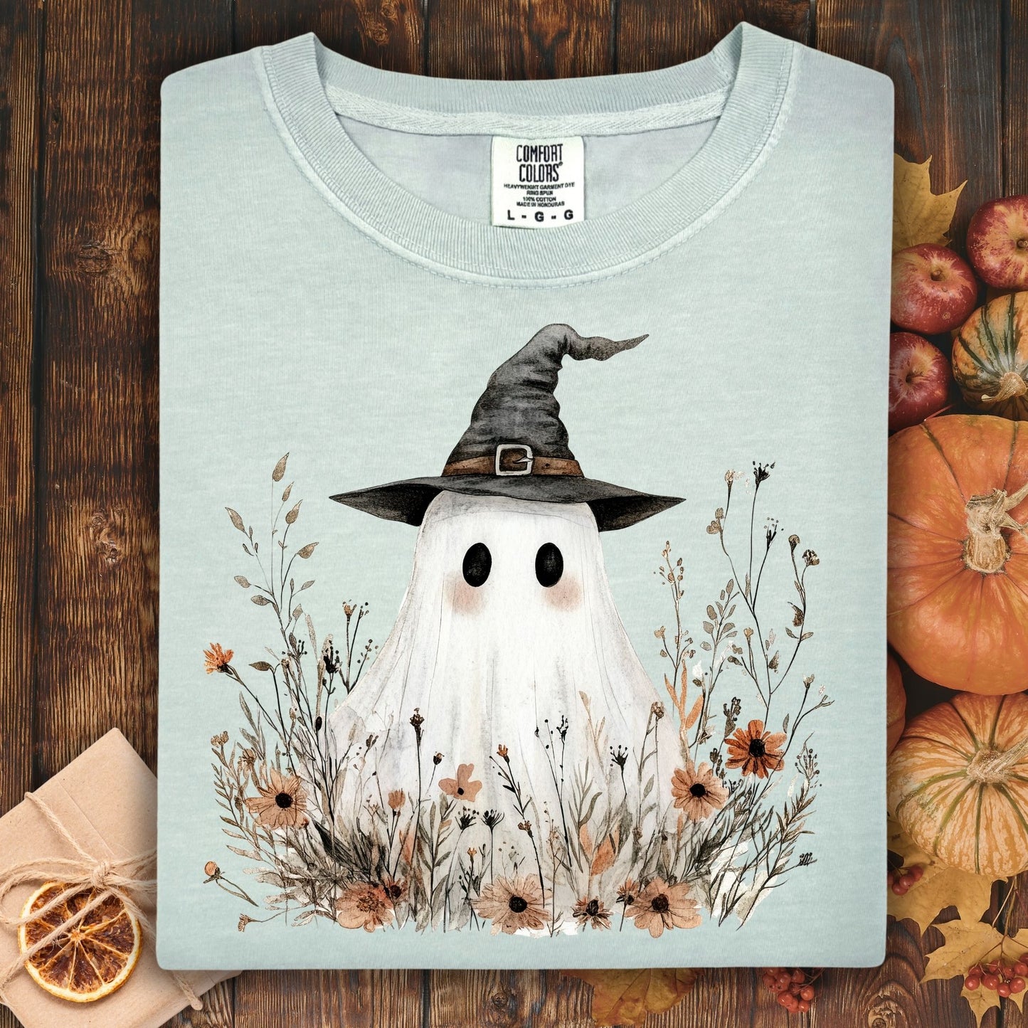 Boho Ghost Witch T-Shirt with Wildflowers