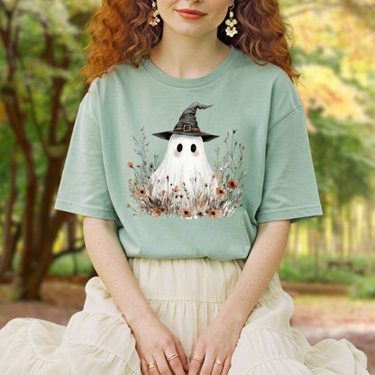 Boho Ghost Witch T-Shirt with Wildflowers