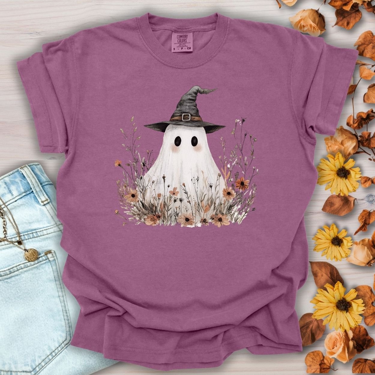 Boho Ghost Witch T-Shirt with Wildflowers