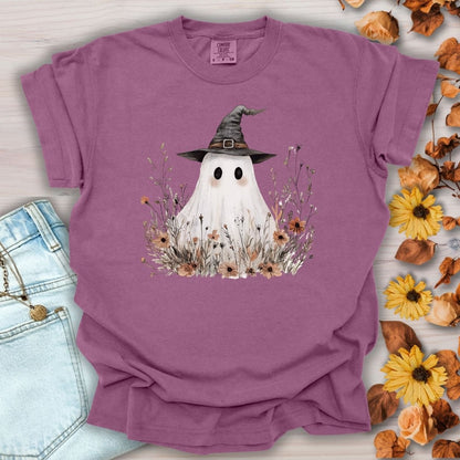 Boho Ghost Witch T-Shirt with Wildflowers