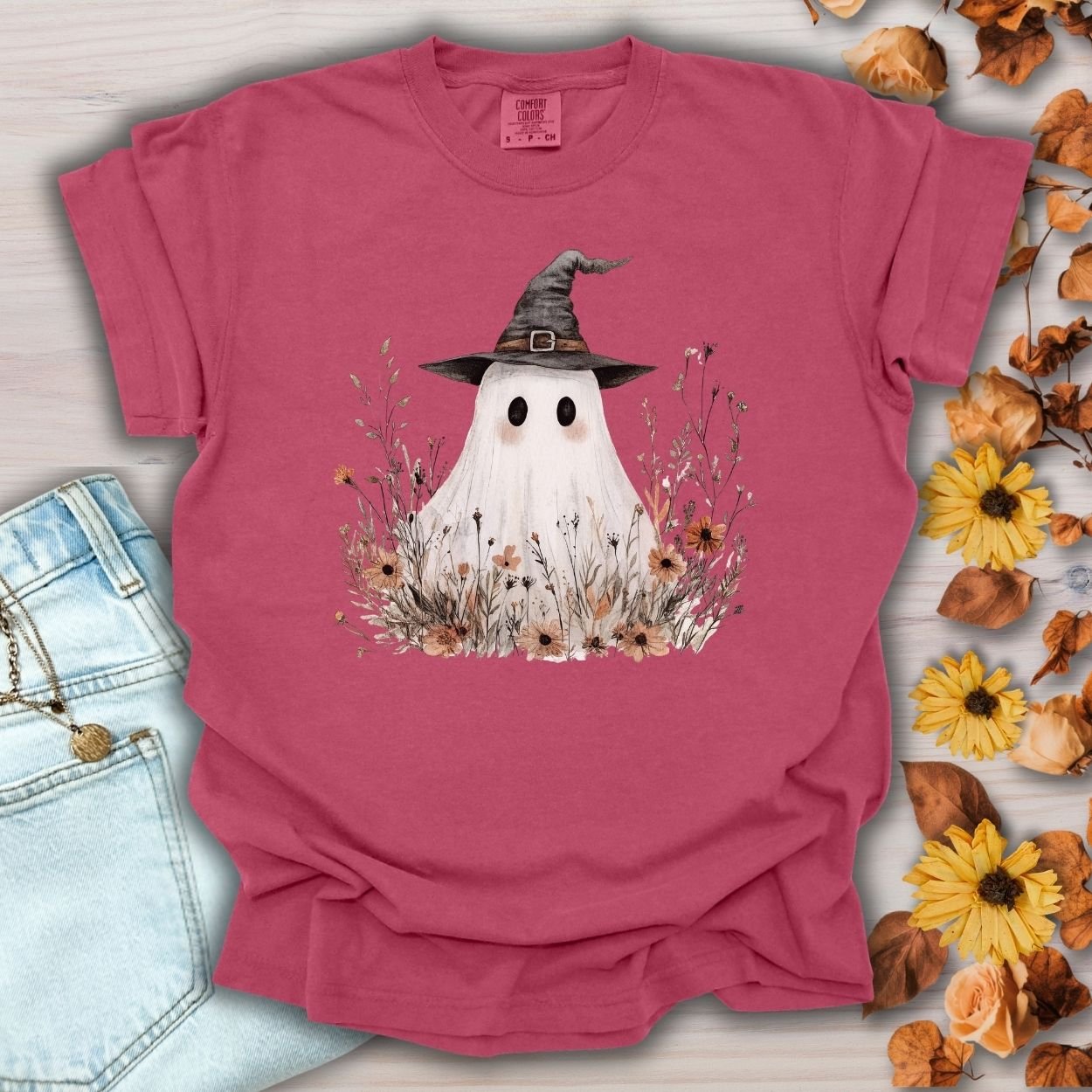 Boho Ghost Witch T-Shirt with Wildflowers