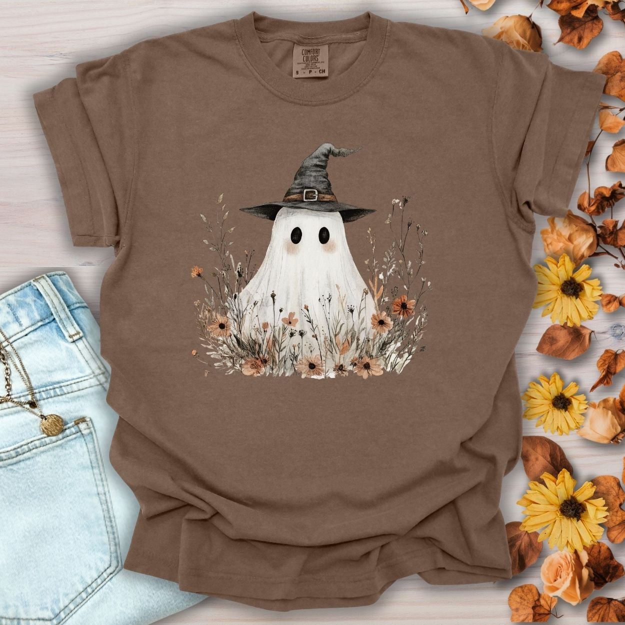 Boho Ghost Witch T-Shirt with Wildflowers