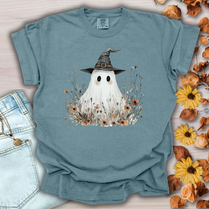 Boho Ghost Witch T-Shirt with Wildflowers