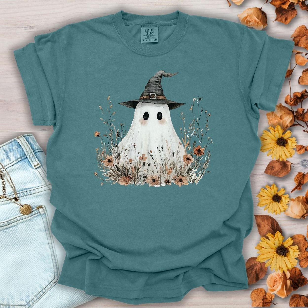 Boho Ghost Witch T-Shirt with Wildflowers