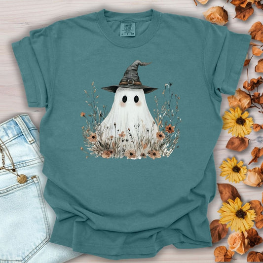 Boho Ghost Witch T-Shirt with Wildflowers
