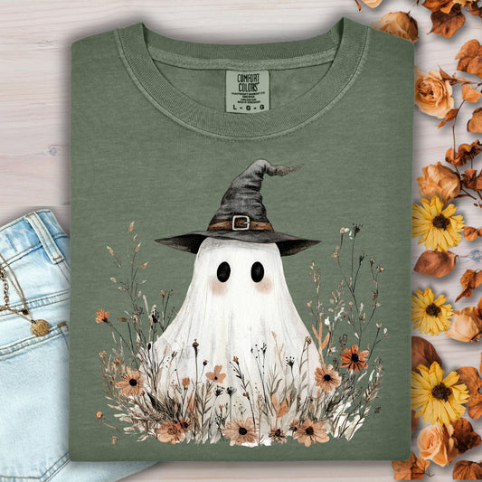Boho Ghost Witch T-Shirt with Wildflowers