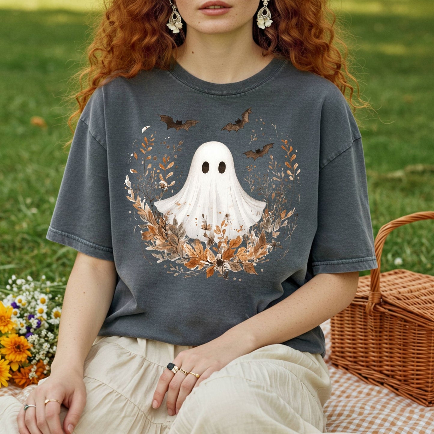 Boho Ghost and Bats Floral T-Shirt