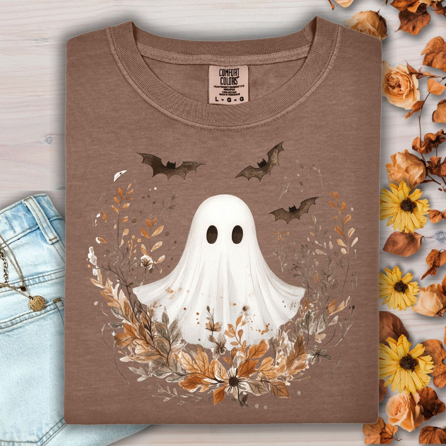 Boho Ghost and Bats Floral T-Shirt