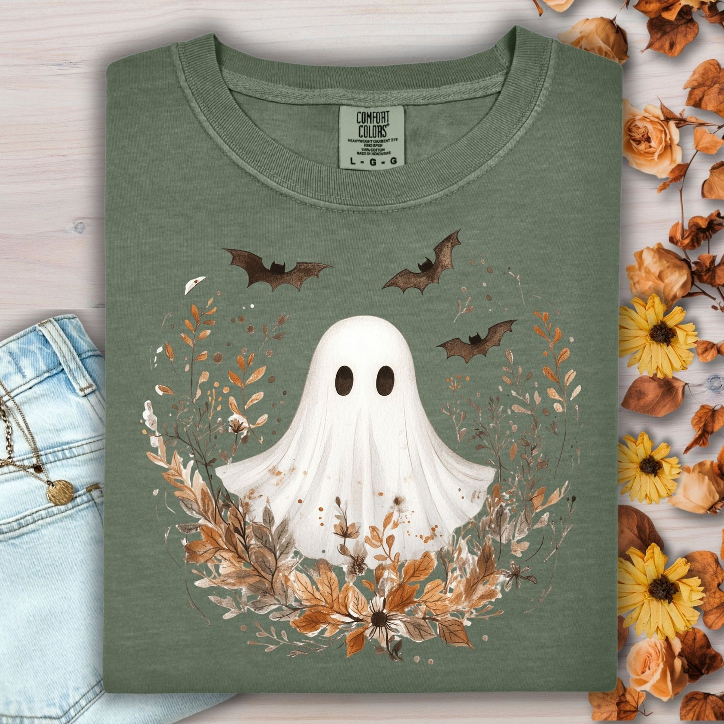 Boho Ghost and Bats Floral T-Shirt