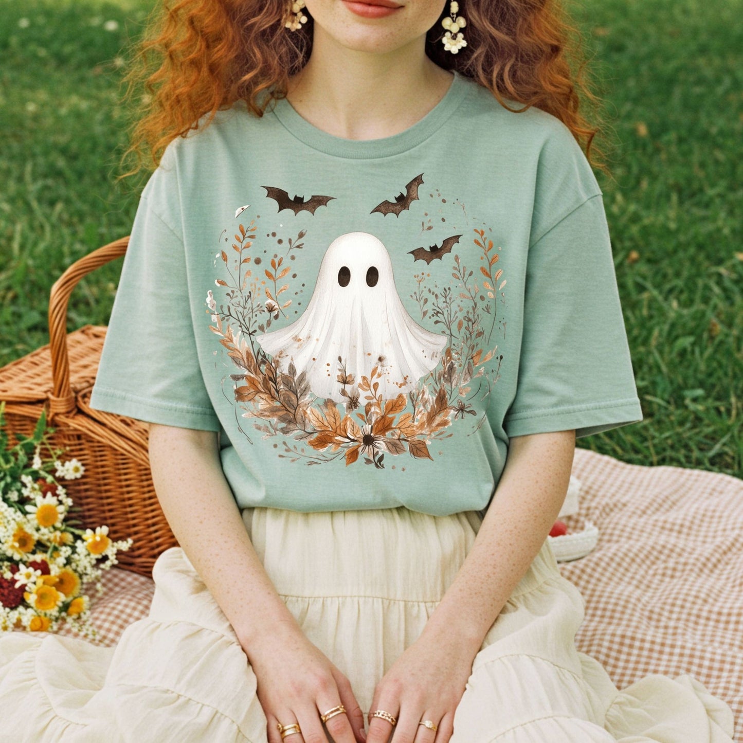 Boho Ghost and Bats Floral T-Shirt