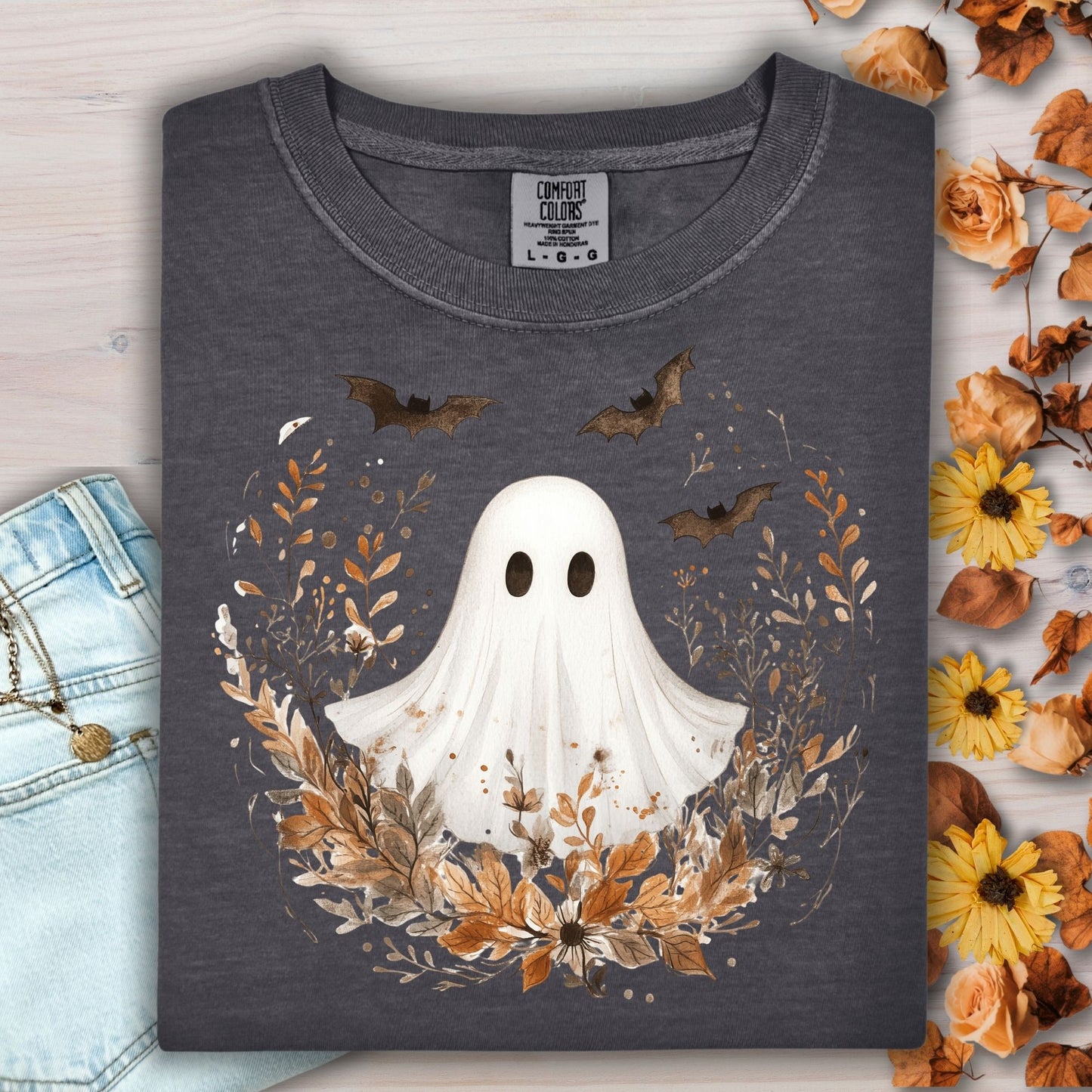 Boho Ghost and Bats Floral T-Shirt