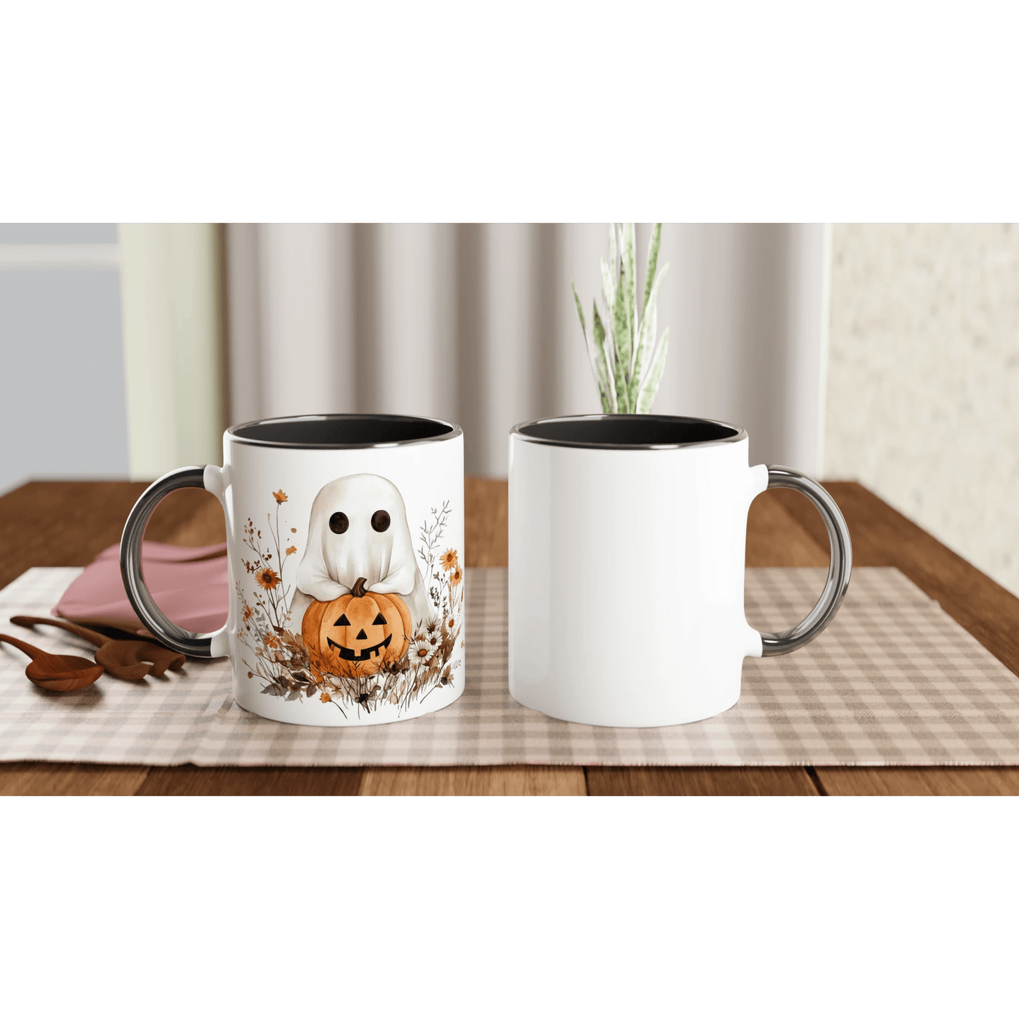 Boho Ghost and Pumpkin Ceramic Mug