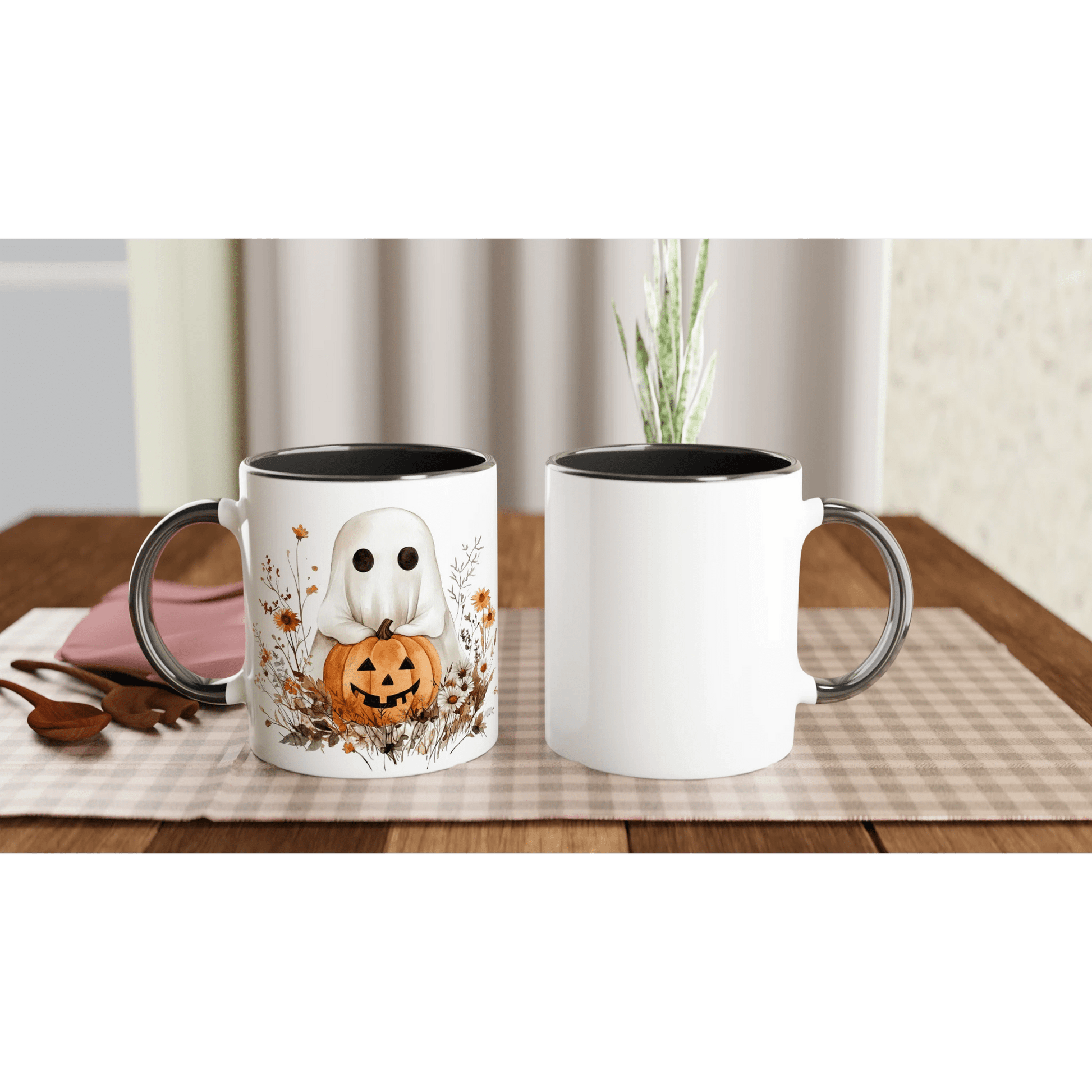 Boho Ghost and Pumpkin Ceramic Mug