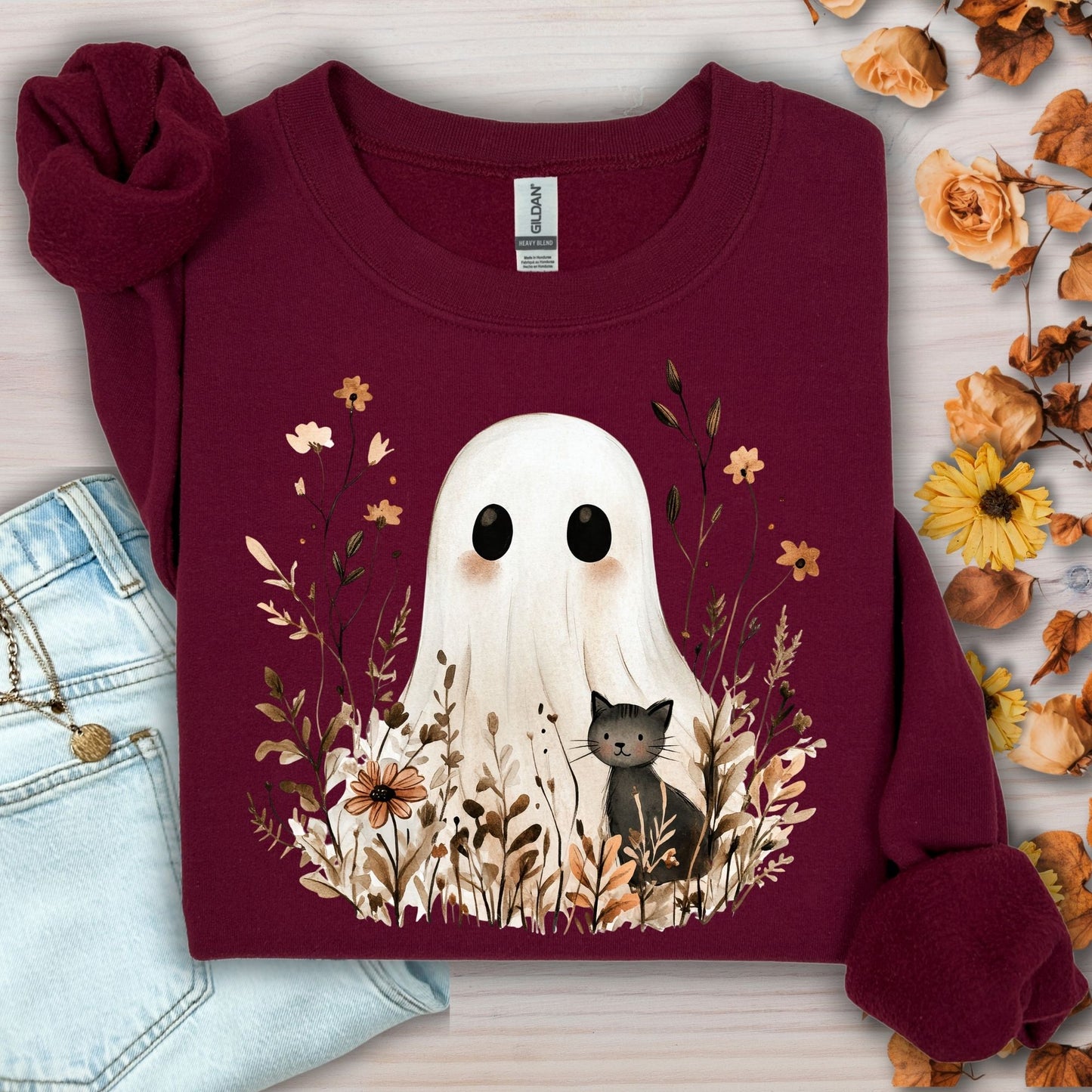Boho Ghost with Black Cat Sweatshirt