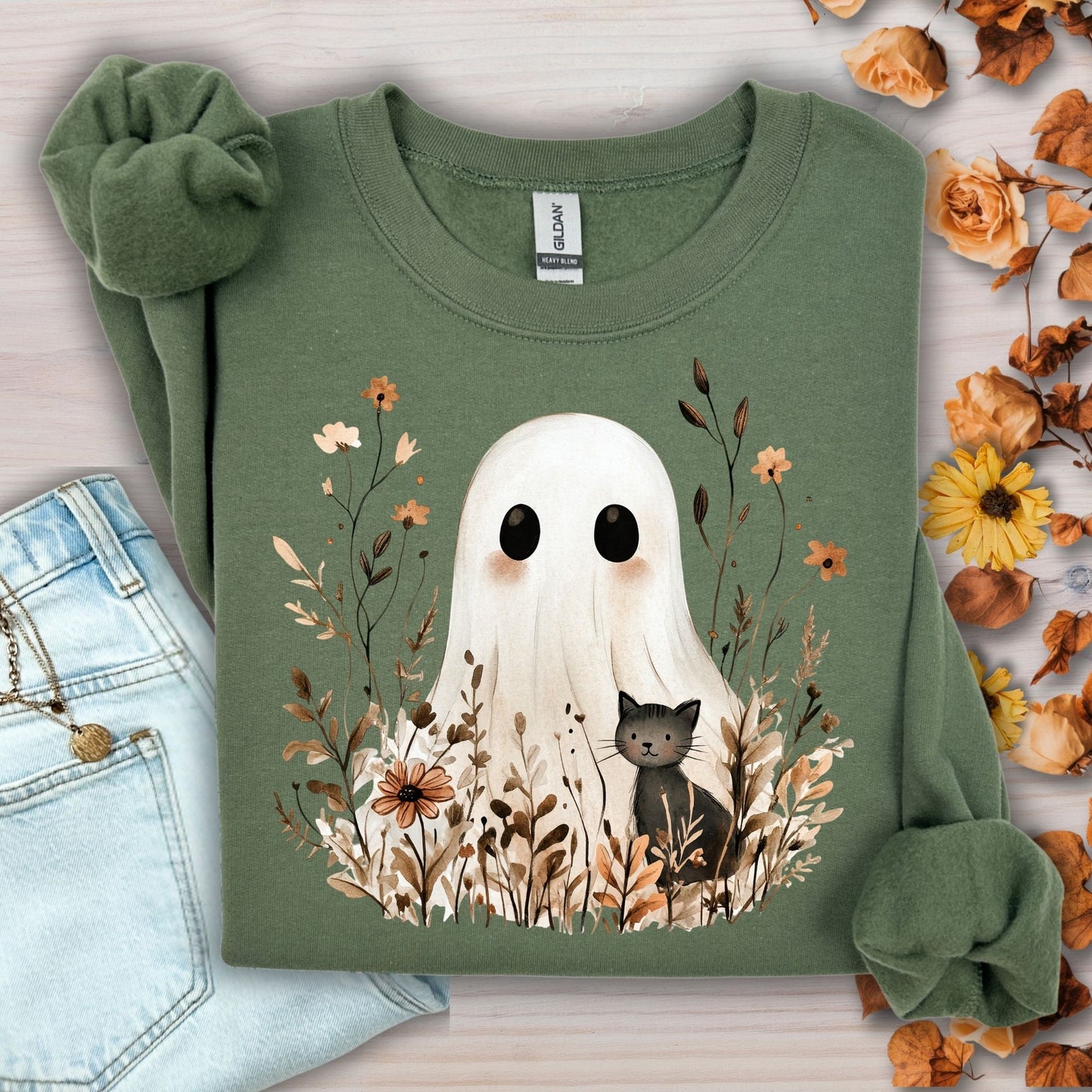 Boho Ghost with Black Cat Sweatshirt