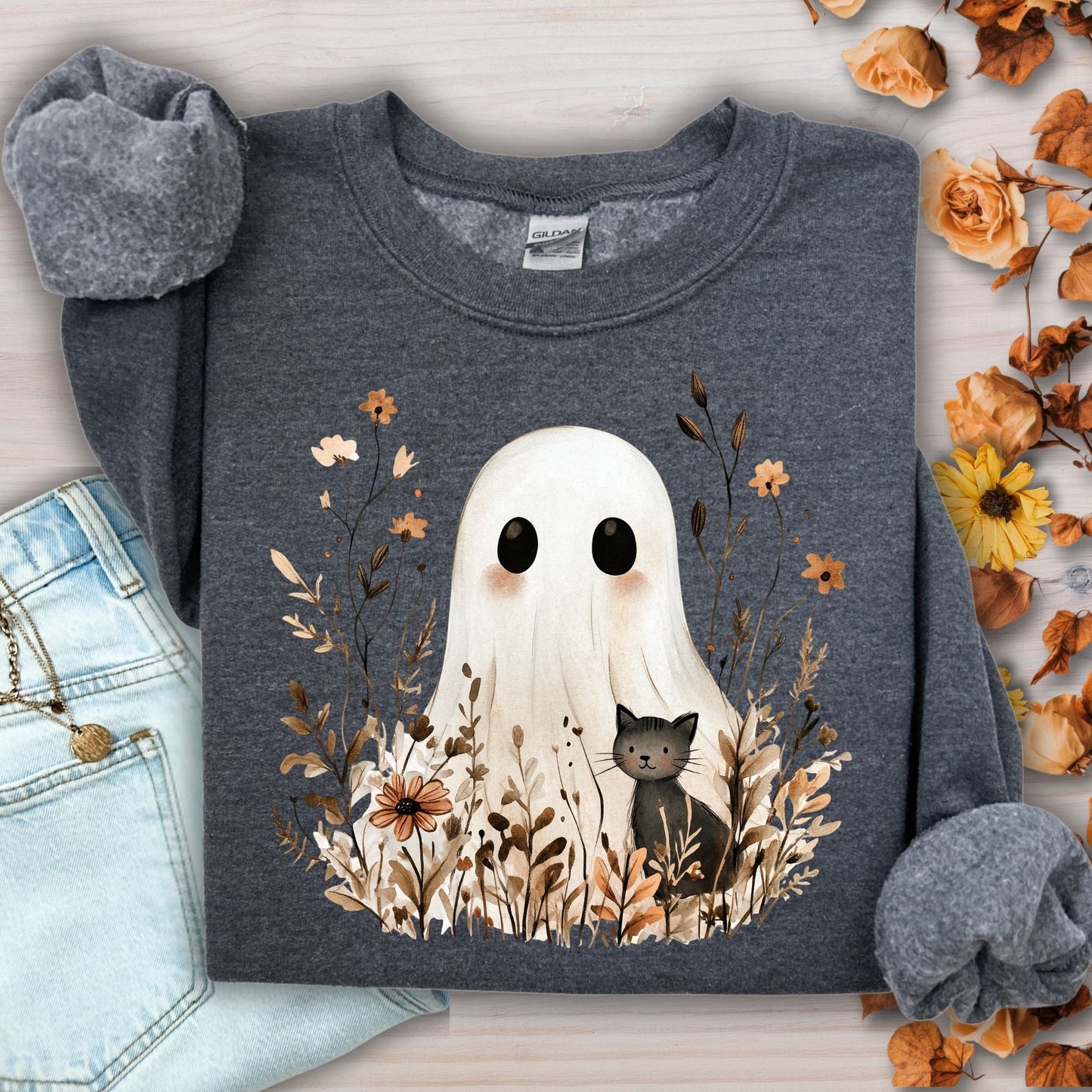 Boho Ghost with Black Cat Sweatshirt