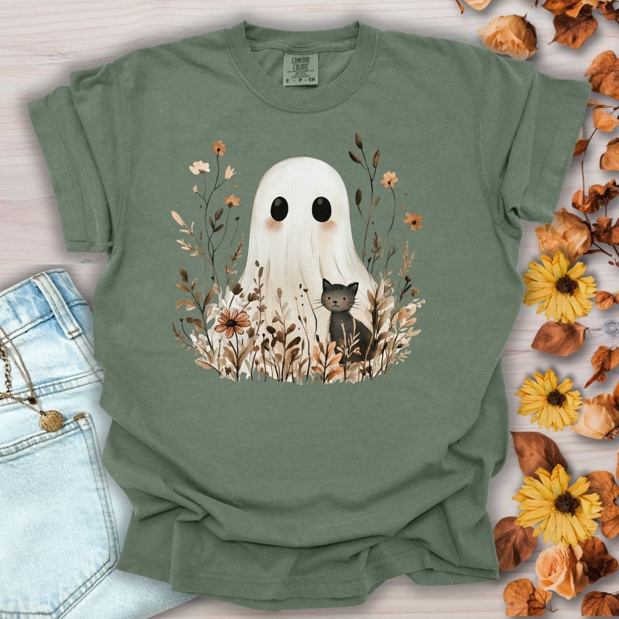 Boho Ghost with Black Cat T-Shirt