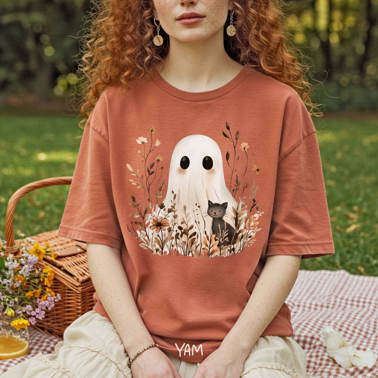 Boho Ghost with Black Cat T-Shirt