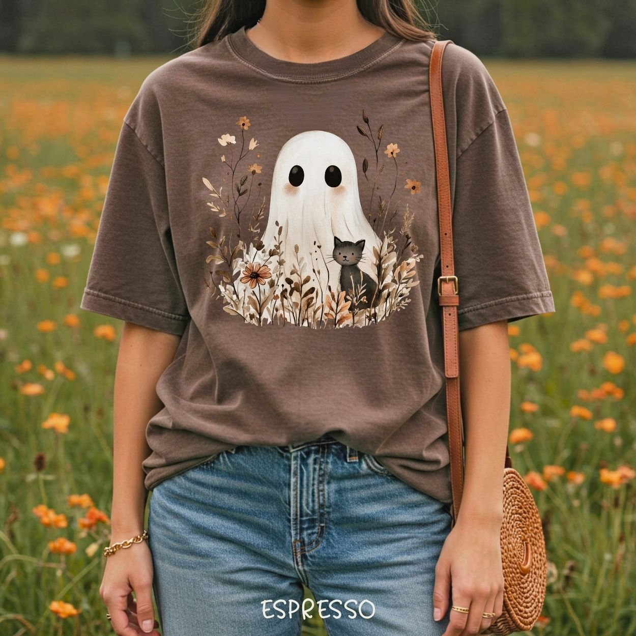 Boho Ghost with Black Cat T-Shirt