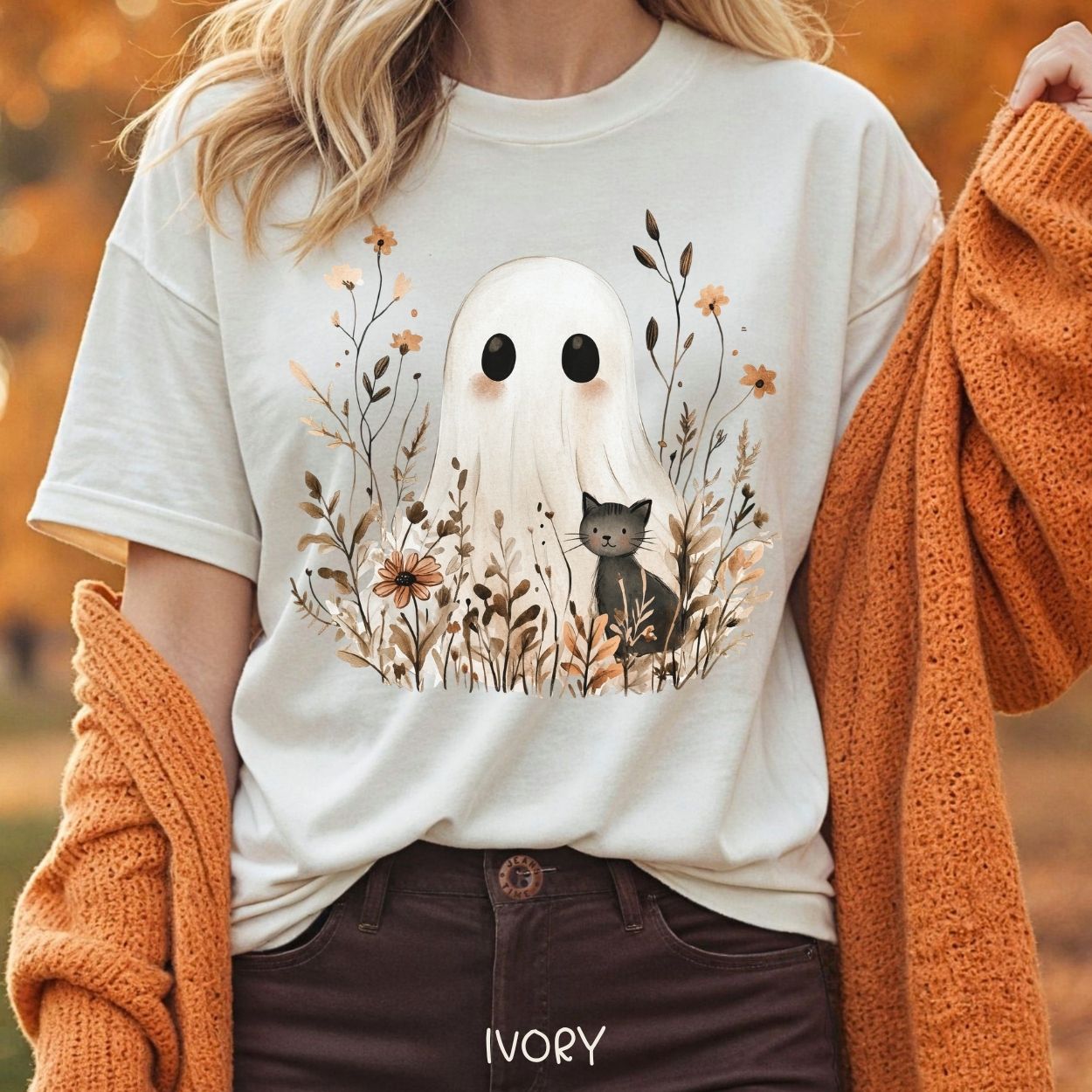 Boho Ghost with Black Cat T-Shirt